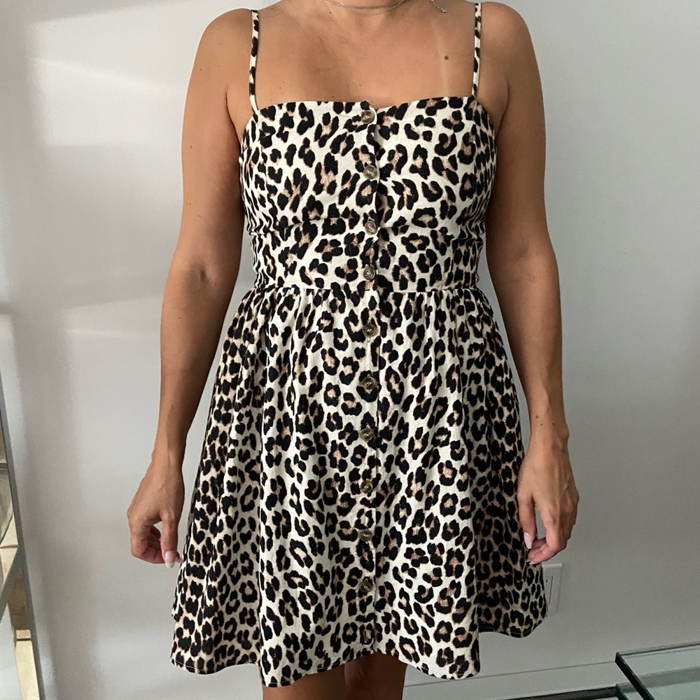 Tailored H&M Linen Blend Cheetah Leopard Print Buttoned Cami Short Dress